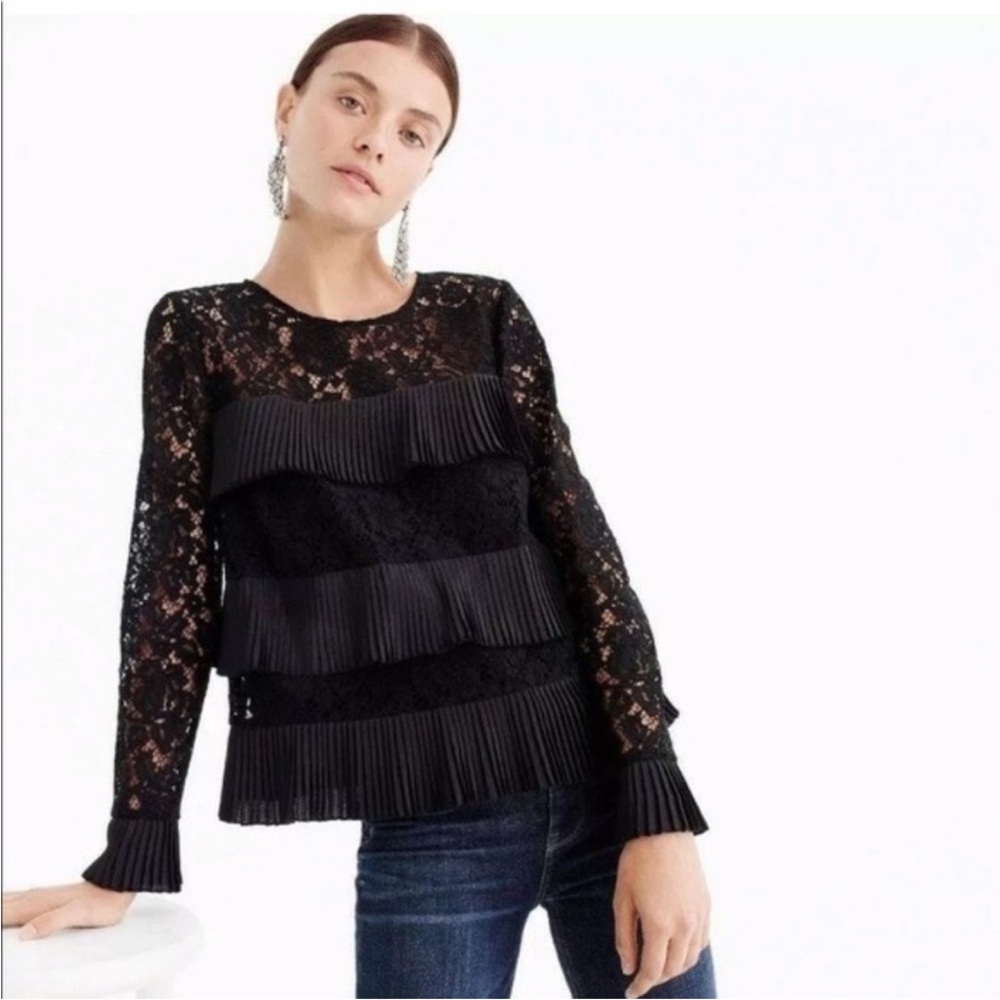 J. Crew Lace Top with Ruffle Pleats in Black